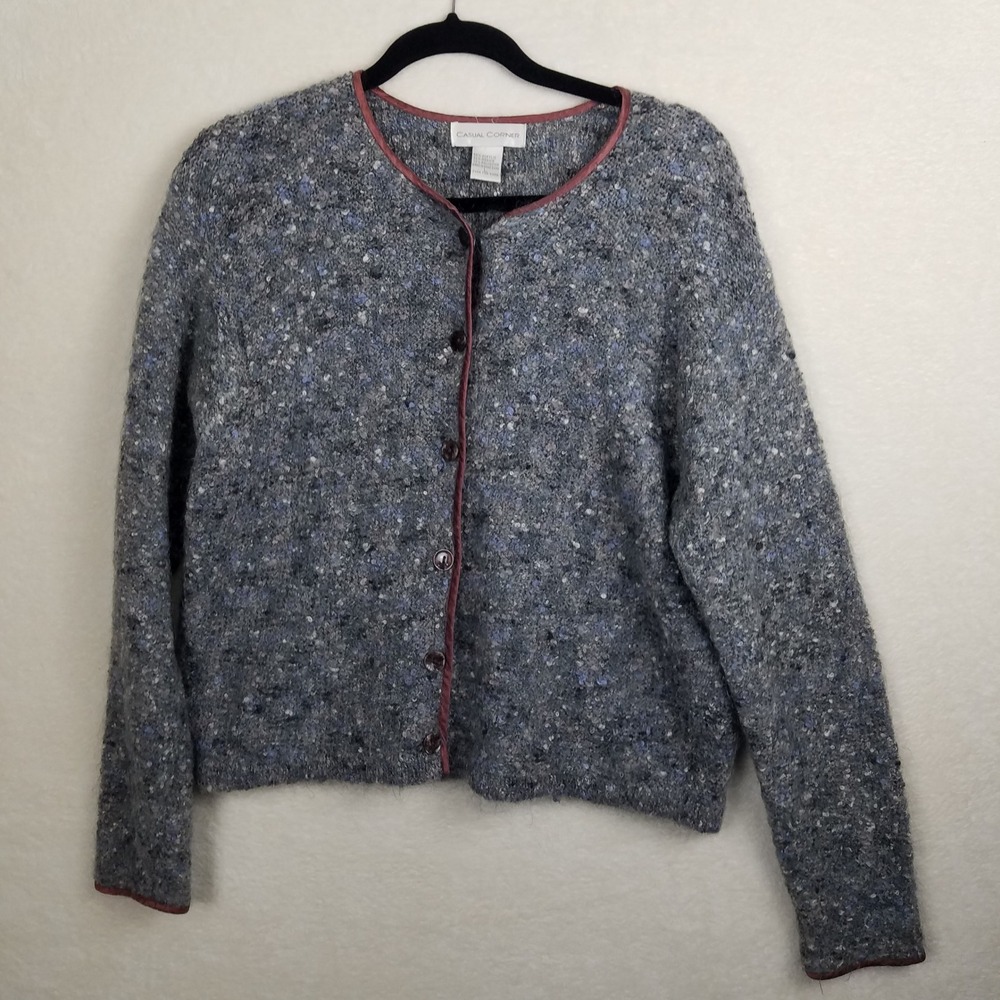 Casual Corner Womens L sweater Tweed Knit Cardigan grey periwinkle Button